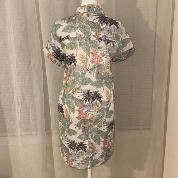 C&C XS Hawaiian Shirt Dress White Green Tropical Surf Boards Beach Toucan - Picture 2 of 10